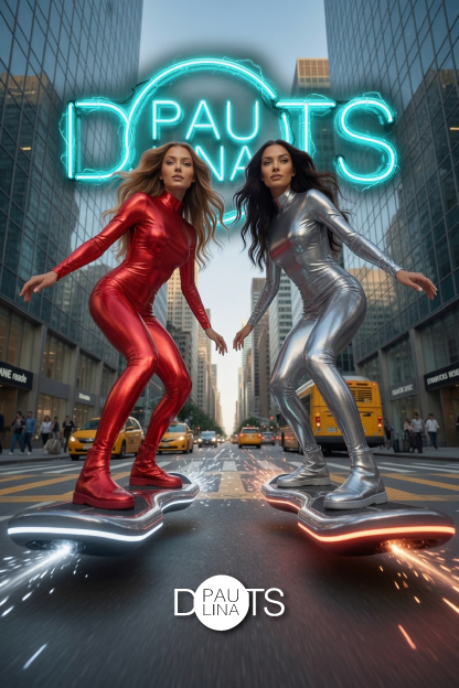 Fan Art 23: SpotiDots Hover · Paulina Dots y Viktoria en trajes metálicos futuristas sobre hoverboards en ciudad