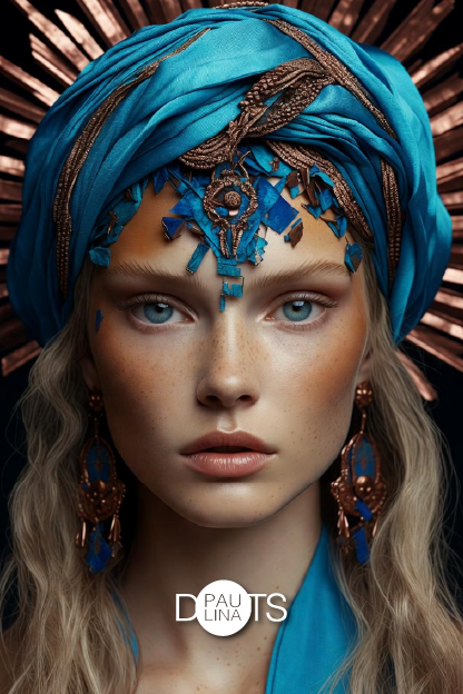 Retrato cercano de Paulina Dots con turbante azul turquesa elaborado, tocado ornamental y joyería étnica en estilo exótico