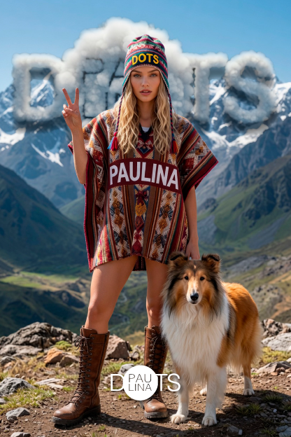 Paulina Dots en poncho andino con perro Collie en las montañas nevadas, haciendo la señal de la paz bajo nubes que forman la palabra DOTS