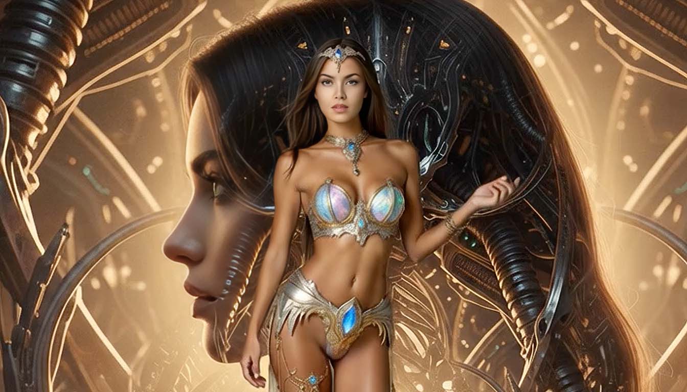 Viktoria Dots variante futurista, expresión visionaria y elementos high-tech en composición dinámica, evolución paramétrica por ALARSI