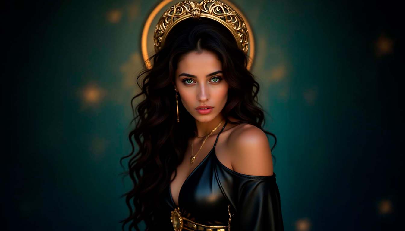 Viktoria Dots envuelta en misterio, iluminación dramática y expresión intrigante, arte IA enigmático por ALARSI