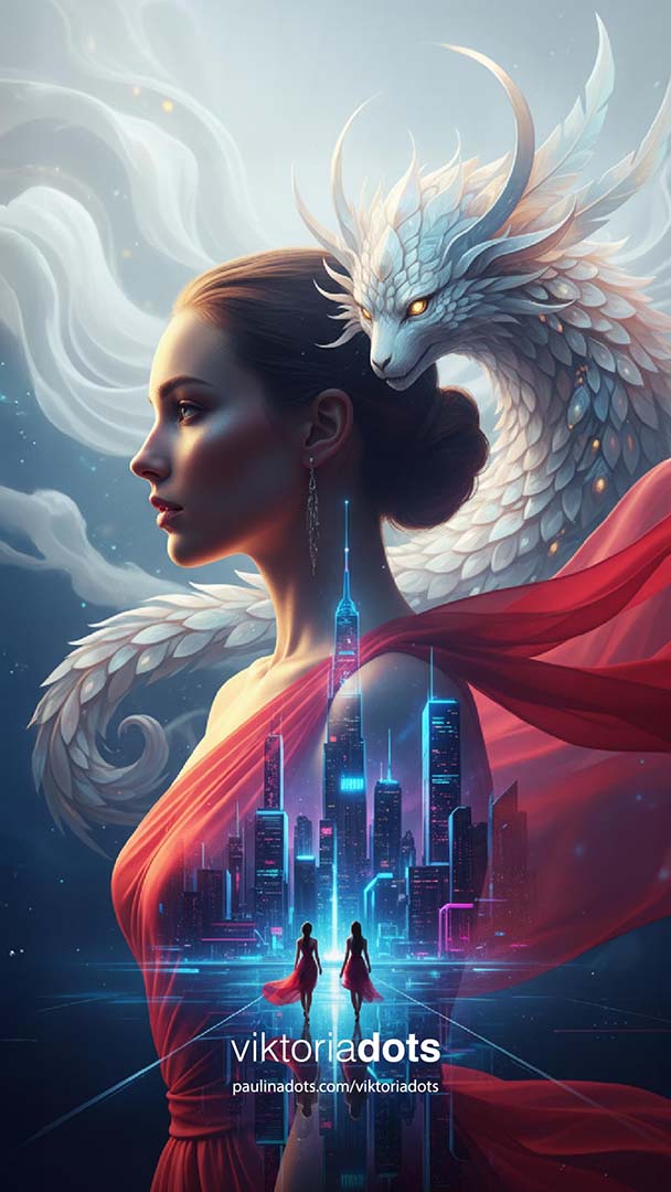 Viktoria Dots 2030: Mujer con dragón Neuralink en Marte rojo, visión Elon Musk superinteligencia 2030, arte etéreo transparencias rojas