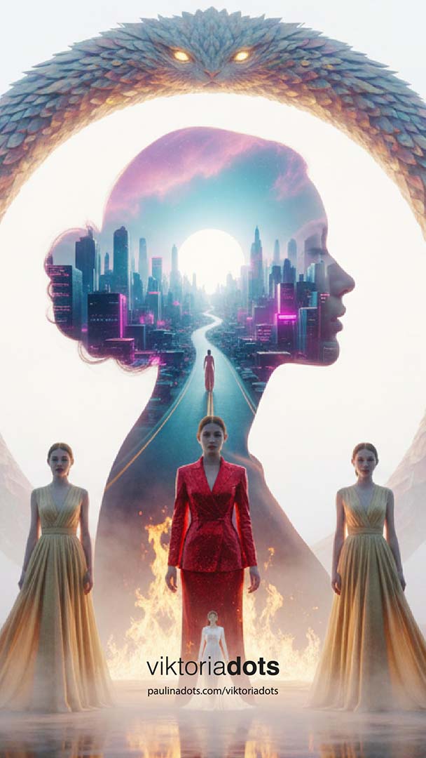 Viktoria Dots 2030: Mujer empoderada frente a horizonte infinito con robots y estrellas, predicciones Elon Musk Sam Altman 2030